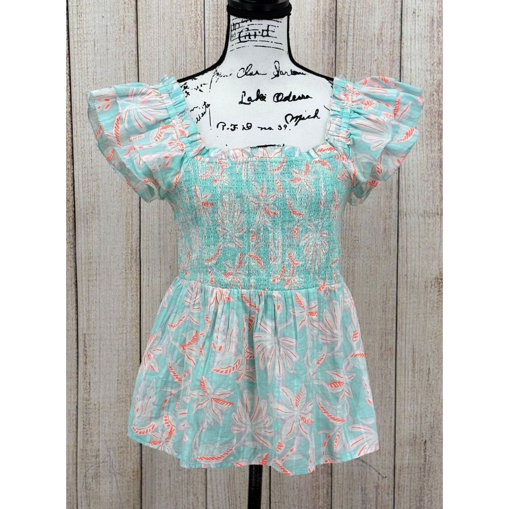 Vineyard Vines Mint Green & Coral Tropical Smocked Peplum Blouse